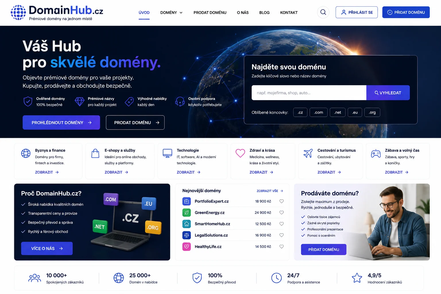 Ilustrační návrh tmavě modrého katalogu domén DomainHub.cz s modrofialovými akcenty
